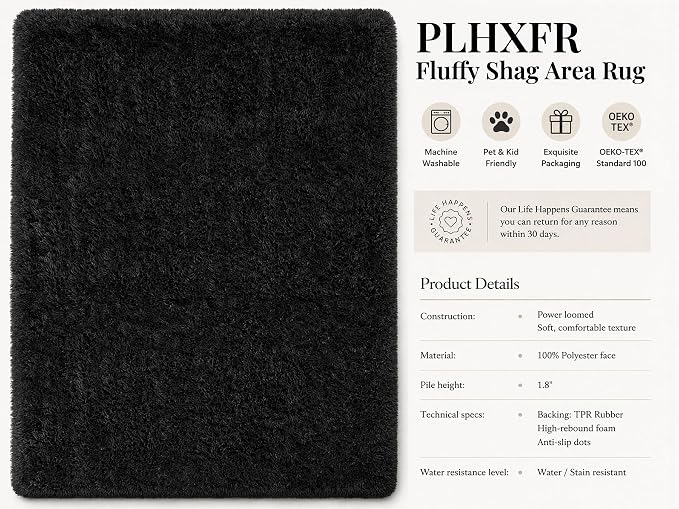 Area Rug for Living Room Bedroom: 5x7 Black Soft Fluffy Shag Upgrade Non-Slip High Pile Carpet Large Fuzzy Plush Indoor Floor Decor Shaggy Rug for Kid Boys Girls Dorms Playroom Nursery Modern Home