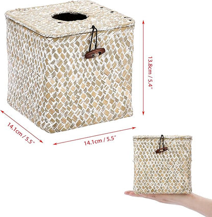 Sumnacon Tissue Box Cover Square Seagrass Tissue Box with Lid, Woven Tissue Box Holder Rustic Cube Tissue Cover for Bathroom Toilet Bedroom Living Room Kitchen Table Desk Office Car, Whitewash