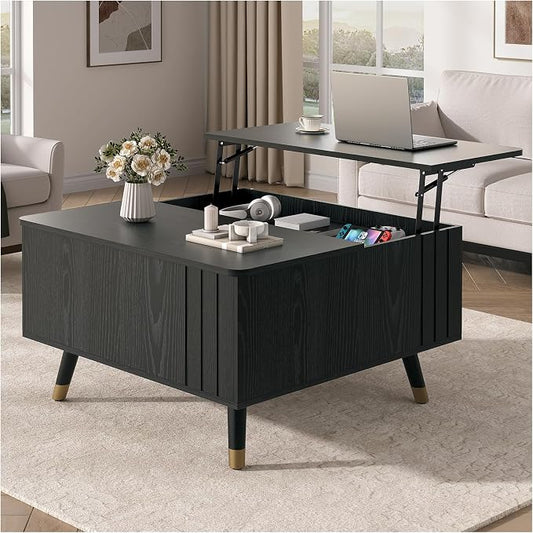 JOINICE 32" Square Lift Top Coffee Table with Storage, Modern Black Center Table for Living Room, Minimalist Wood Cocktail Table with Rising Desktop, Home Office