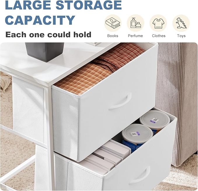 DUMOS Small Night Stand Set of 2 Fabric Drawer Dressers Short Bedside Tables for Room Organization Closet College Dorm Entry Storage 20 Inch Height Furniture,White