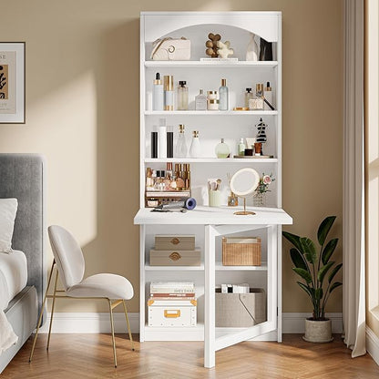 6-Tier Bookshelf with Folding Table, 72.8” Tall Open Storage Bookcase, Large Storage Capacity, Modern Display Shelf for Home Office, Living Room, Bedroom, White