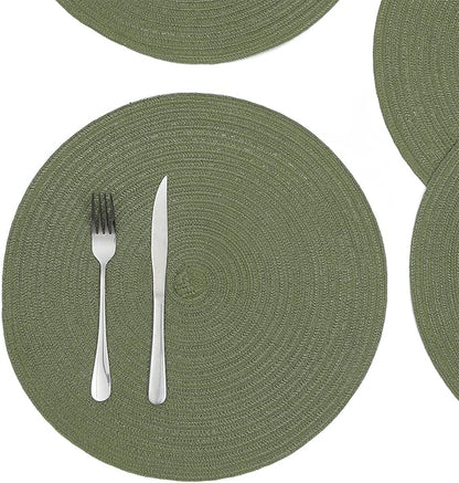 SHACOS Round Placemats Set of 8 Washable 15 inch Round Table Mats Cotton Polyester Woven Braided Place Mats for Dining Table Wedding Party Decor (Olive Green, 8)