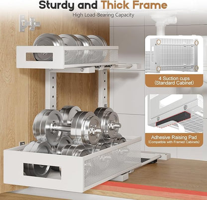 1 Pack-11.4"-16.14"H Under Sink Storage Organizer, Large 2-Tier Elegant Mesh Pull Out Shelf for Kitchen and Bathroom Cabinet Organization, L-Shaped and Adjustable Height Design for Maximum Space-White