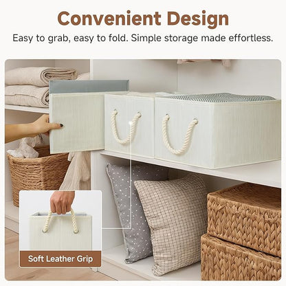 StorageWorks Storage Baskets for Shelves, Foldable Fabric Closet Storage Bins with Handles, Fabric Storage Bins Clothes Organizer, Beige, White & Ivory, 3-Pack, Large