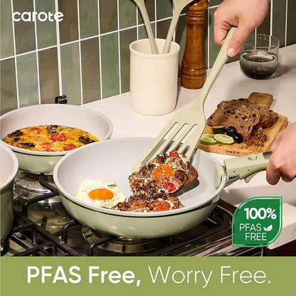 CAROTE 27pcs Ceramic Cookware Set Nonstick, Pots and Pans Set Non Stick, Non Toxic Cookware Detachable Handles, Dishwasher/Oven Safe, RV/Camping Cookware, Pan and Pot with Kitchen Utensils, Green