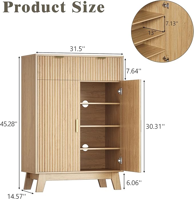 Shoe Cabinet Storage for Entryway, 4 Tier Fluted Shoe Storage Cabinet with 2 Drawers, Narrow Hidden Shoe Organizer with Adjustable Shelves, Freestanding Shoe Rack for Entryway, Hallway, Oak