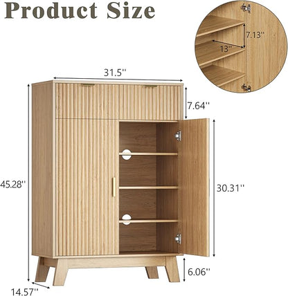Shoe Cabinet Storage for Entryway, 4 Tier Fluted Shoe Storage Cabinet with 2 Drawers, Narrow Hidden Shoe Organizer with Adjustable Shelves, Freestanding Shoe Rack for Entryway, Hallway, Oak