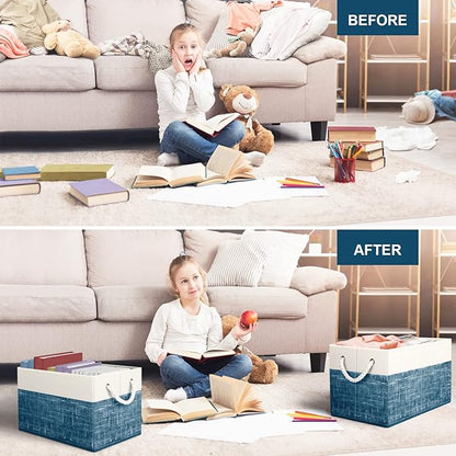 Fab totes Storage Bins [8-Pack], Foldable Storage Baskets for Organizing Toys, Books, Shelves, Closet, Large Storage Box with Rope Handles, Sturdy Organizer Bins, White & Blue