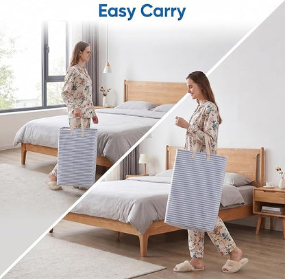 efluky Slim Laundry Basket, Narrow Laundry Hamper with Handles, Collapsible Dirty Clothes Hamper, Tall Laundry Bin for Laundry Room, Dorm and Bedroom, 80L, Striped Blue