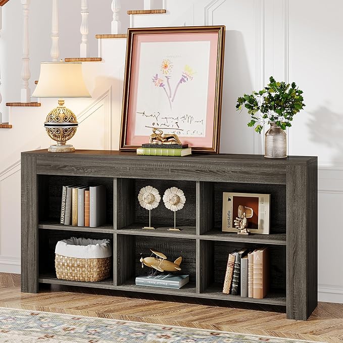 Tribesigns 63-Inch Long Sofa Console Table, Rustic Wood Entryway Table with 6 Storage Cubes for Living Room, Hallway, Behind Couch (Grey)