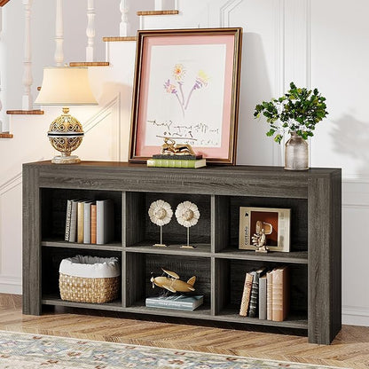 Tribesigns 63-Inch Long Sofa Console Table, Rustic Wood Entryway Table with 6 Storage Cubes for Living Room, Hallway, Behind Couch (Grey)