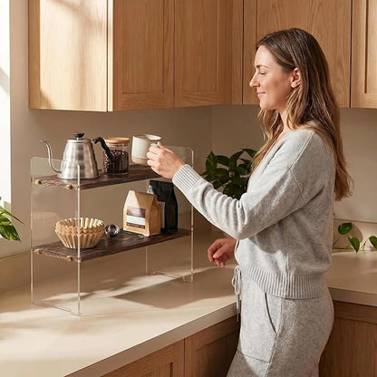 Coffee Station Organizer 2 Tier, Solid Wood Mug Shelffor Coffee Bar,Matcha Station,Tea Storage - Holds Mugs,Beans,Syrup,Cups,Tirrers (Dark Brown Wood Grain, 15.4" L x 5.7" W x 13.4" H)