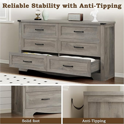 6-Drawer Dresser for Bedroom, Modern Wooden Chest of Drawers with Metal Handles, Anti-Tipping Design, Sturdy and Stable Storage Organizer for Living Room, Entryway, Home Office