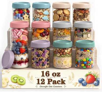12 Pack Mason Jars, 16oz Overnight Oats Glass Jars, Wide Mouth Overnight Oats Containers with Lids, Small Parfait Cups with Lids for Yogurt, Storage, Chia, Snack, Salad, Spice, Seed