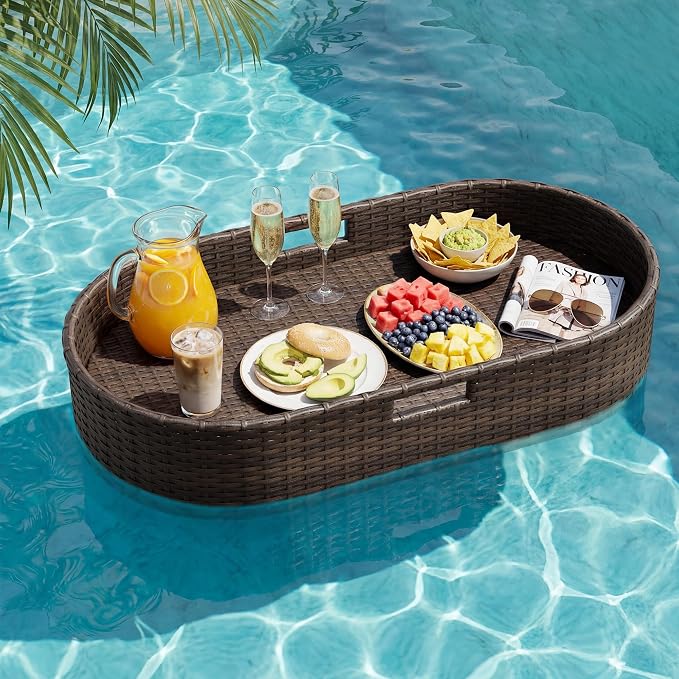 Greesum Wicker Pool Floating Tray, 38”x20” Oval Portable Serving Tray for Holding Fruits, Drinks & Essentials, Suitable for Pool Activities, Bathtub, Hot Tub, Beach Parties, Brown