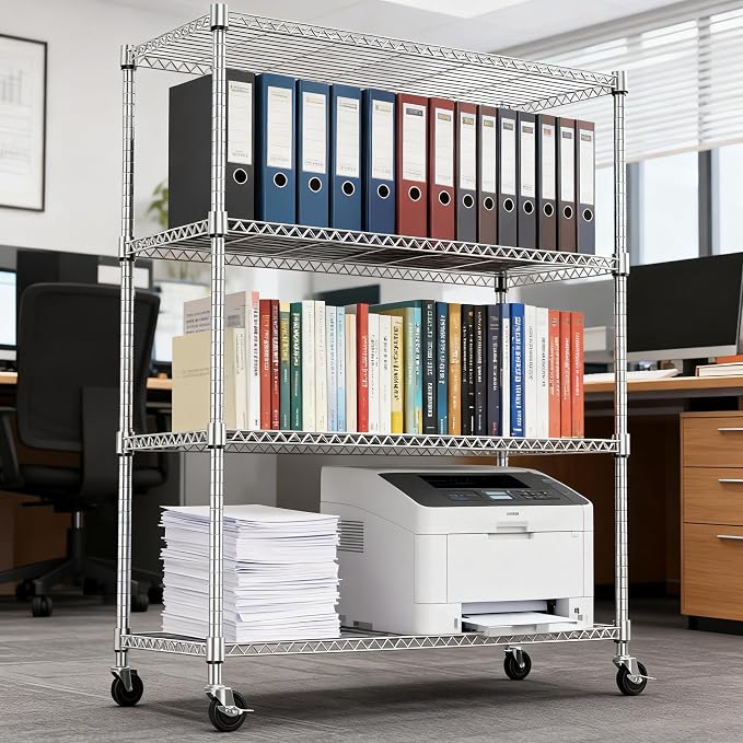 M MZG 1400LBS 47.2" W 4 Tiers Storage Shelves Metal Shelving Unit with Wheels Heavy Duty Garage Shelving Adjustable Wire Shelves for Pantry,Kitchen,Garage,Basement,Chrome 17.7" D x 47.2" W x 62.6" H