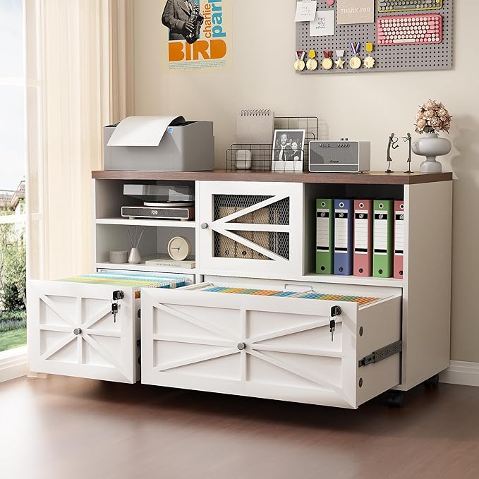 Semoic 2 Drawer Farmhouse File Cabinet with Lock, Mobile Lateral Filing Cabinet for Letter/Legal/A4 Size, Open Storage Adjustable Shelf for Home Office Cabinets,White