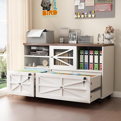 Semoic 2 Drawer Farmhouse File Cabinet with Lock, Mobile Lateral Filing Cabinet for Letter/Legal/A4 Size, Open Storage Adjustable Shelf for Home Office Cabinets,White