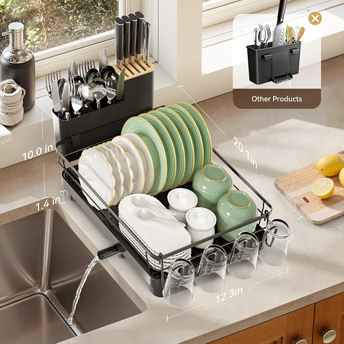 Runnatal Dish Drying Rack, Stainless Steel Dish Rack with Drainboard for Kitchen Counter and Sink, Large Capacity Dish Drainer, Detachable 2-in-1 Utensil Holder, Cup Holder, Black