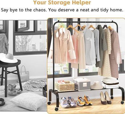 Rolling Clothes Rack Metal Clothing Rack with Wheels Garment Rack with Bottom Shelf for Hanging Clothes Shirts Jeans and Coats Black