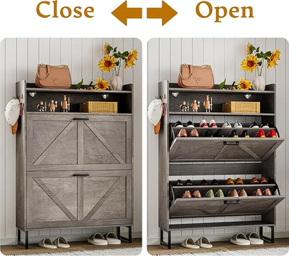 Shoe Cabinet with 2 Flip Drawers, 45" Freestanding Narrow Wood Shoe Storage Cabinet with Metal Legs and Hooks, Slim Shoe Rack Organizer for Entryway, Hallway, Grey