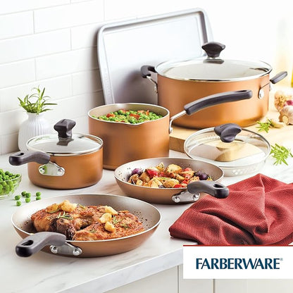Farberware Cookstart DiamondMax Nonstick Cookware/Pots and Pans Set, Dishwasher Safe, Includes Baking Pan and Cooking Tools, 15 Piece - Copper