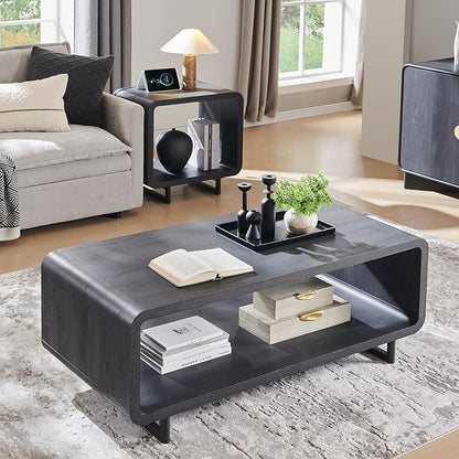 IFGET 48" Modern Coffee Table, 2-Tier Minimalist Center Table with Storage Shelf, Curved Profile Design, Wooden Rectangular Living Room Table w/Wood Thick Design for Living Room, Office, Dark Grey