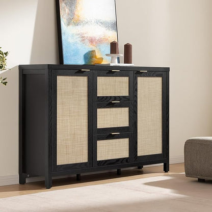SICOTAS Rattan Sideboard Buffet Coffee Bar Cabinet with Storage - 52" Larger Farmhouse Credenza Storage Cabinet with 3 Drawers and 2 Doors, Boho Console Table for Living Room, Kitchen, Black Oak