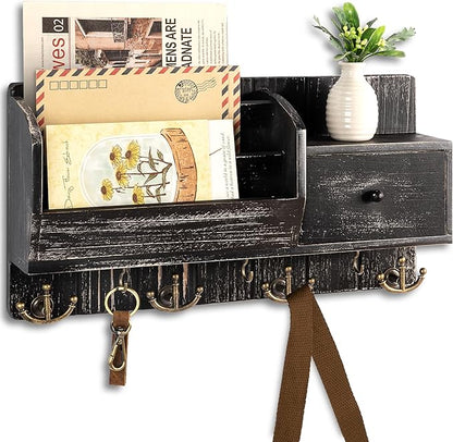 Rebee Vision Key Holder Wall Mount with Drawer & Mail Sorter – Rustic Wall Mail Organizer with Key Hooks for Entryway, Office, and Kitchen – Wooden Storage Drawer for Letters & File (Old Black)