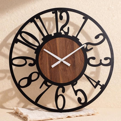 40 Inch Giant Oversized Industrial Wood Wall Clock with Iron Frame & Artful Cutout Numerals, Silent Battery Operated, Grand Statement Piece for Farmhouse Foyers Offices Commercial Home Décor