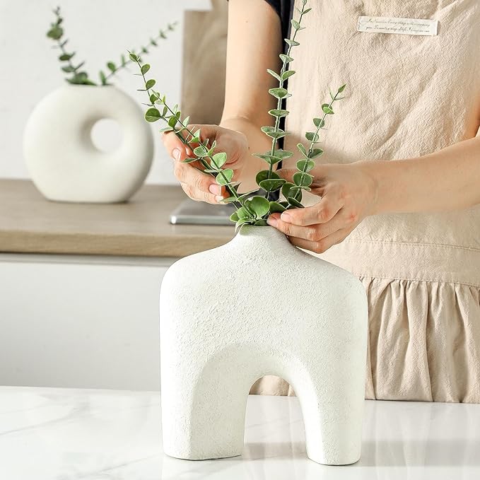 Dobbyby Ceramic Vase Set of 2, Modern Donut Vases for Minimalist Nordic Home Decor, Waterproof Round Vase, Decorative Centerpiece Vases for Living Room, Entryway, Table Decor (02-Rustic Cream)