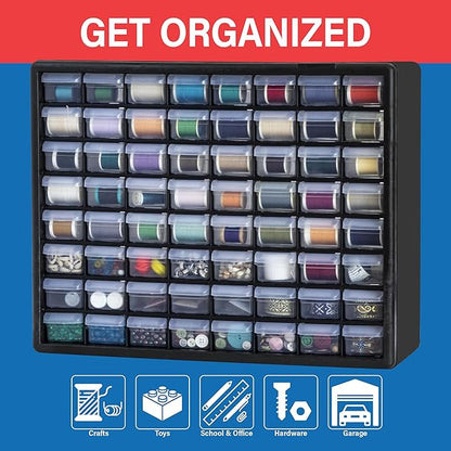 Akro-Mils 64-Drawer Plastic Drawer Storage Cabinet for Garage Organization, Bead Organizer, Building Bricks Storage, Teacher Toolbox, Makeup Organizer, 20" W x 6" D x 16" H, 10164 Black