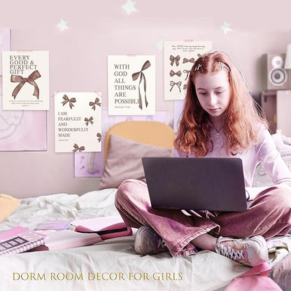 LARTSFRO Coquette Brown Bow Wall Art Decor Posters, Chocolate Brown Bow Room Bedroom Bathroom Dorm Wall Art Decor Aesthetic for College Teen Girls Gifts, Inspirational Bible Verses Bow Wall Decor, 12x16 Inch Set of 4 Pcs Bow Pictures (UNFRAMED)