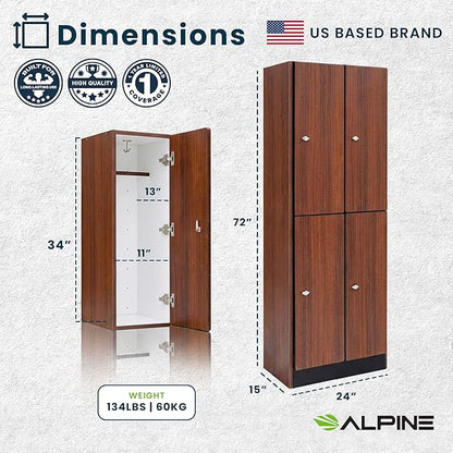 Alpine 4 Door Wooden Locker Cabinet - 72" Expandable Commercial Storage Lockers for Gym, Spa, Office & Golf Club - Includes Metal Base & Lock-Ready Handles, Double Column 2 Tier - Walnut