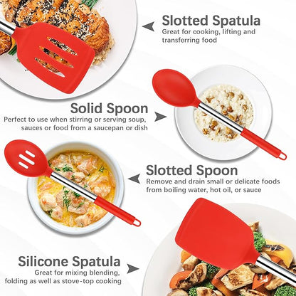 Silicone Spatula Spoon Set, 4 PCS Silicone Cooking Utensils Spatula Spoon Set with Stainless Steel Handle, BPA Free Kitchen Turners for Frying, Mixing, Serving, Draining, Turning, Stirring, Red