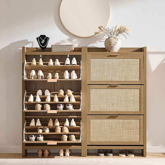 SICOTAS Rattan Shoe Storage Cabinet with 6 Flip Drawers, 57.4" Tall Shoe Organizer Cabinet for Entryway, Holds 50 Shoes, Farmhouse Narrow Shoe Rack Cabinet for Foyer, Hallway, Oak, 2PCS