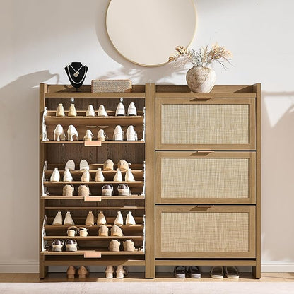 SICOTAS Rattan Shoe Storage Cabinet with 6 Flip Drawers, 57.4" Tall Shoe Organizer Cabinet for Entryway, Holds 50 Shoes, Farmhouse Narrow Shoe Rack Cabinet for Foyer, Hallway, Oak, 2PCS