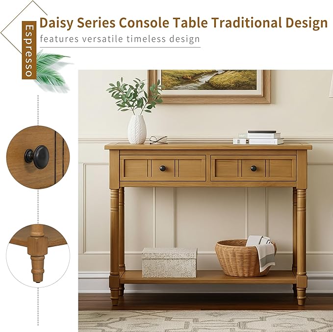 Knocbel Antique Entry Console Table with 2 Drawers & Bottom Open Shelf, Wood Sofa Tables for Entryway Hallway Living Room, 35.34" W x 13.8" D x 30.25" H, Natural