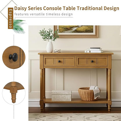Knocbel Antique Entry Console Table with 2 Drawers & Bottom Open Shelf, Wood Sofa Tables for Entryway Hallway Living Room, 35.34" W x 13.8" D x 30.25" H, Natural