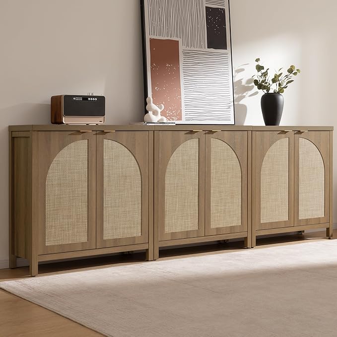 SICOTAS Rattan Sideboard Buffet Cabinet with Storage, Mid Century Modern Credenza Storage Cabinet with Arch Doors & Shelves Farmhouse Coffee Bar Media Console Cabinets for Living Room, Entryway
