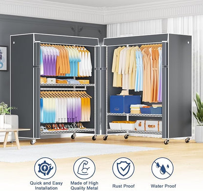 ULIFHOME P8C Max Heavy Duty Clothes Rack（With Extended Width Design） Rolling Clothing Racks for Hanging Clothes with Lockable Wheels，51.2" W x 15.8" D x 80.5" H，Load 800LBS，White Rack with Grey Cover
