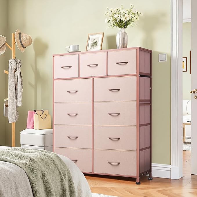 Tall Console Table with 11 Fabric Drawers, Entryway Table with Storage, Tall Storage Organizer with Wood Top, Steel Frame for Living Room, Hallway, Office, Pink