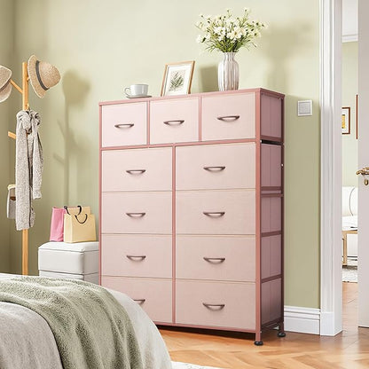 Tall Console Table with 11 Fabric Drawers, Entryway Table with Storage, Tall Storage Organizer with Wood Top, Steel Frame for Living Room, Hallway, Office, Pink