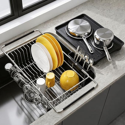 JASIWAY Sink Dish Drying Rack with Drainboard, Expandable Stainless Steel Dish Drainers for Kitchen Counter, Space Saving Dish Dryer Rack, Over The Sink Dish Racks with Utensil Holder, Silver