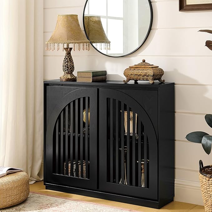 LKTART Sideboard Buffet Cabinet with Storage, Mid Century Modern Credenza with Arch Doors & Shelves, Wood Coffee Bar Media Console Table for Kitchen, Living Room, Entryway-Black
