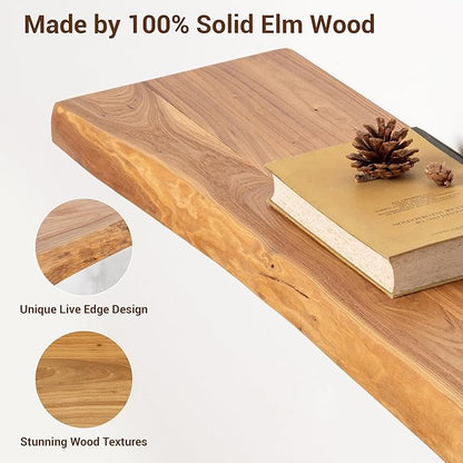 fuqing Live Edge Floating Shelves for Wall 72 Inch - 9 Inch Deep Rustic Solid Elm Wood Floating Wall Shelves - Natural Wooden Shelves with Heavy Duty Brackets and Anchors