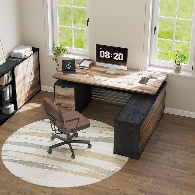 78.74" L Shaped Standing Executive Desk and 63" lateral File Cabinet, Large Adjustable Heigh Office Computer Desk with 3 Drawers,2.3" Desktop,Business Workstation,Black and Warm Oak