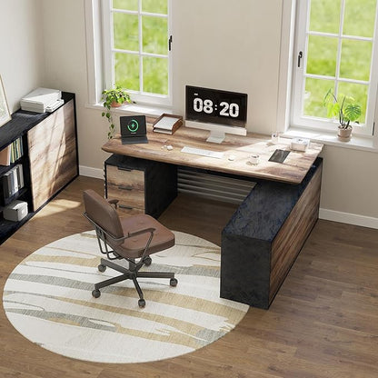 86.61" L Shaped Standing Executive Desk and 63" lateral File Cabinet, Large Adjustable Heigh Office Computer Desk with 3 Drawers,2.3" Desktop,Business Workstation,Black and Warm Oak