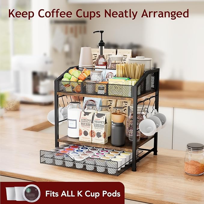 Homsorout Coffee Bar Organizer - Countertop Coffee Station, 42 K Cup holder Storage Basket with Drawer and Hooks for Syrup, Cups, Stirrer, Condiment, Tea Organizer, Black and Brown