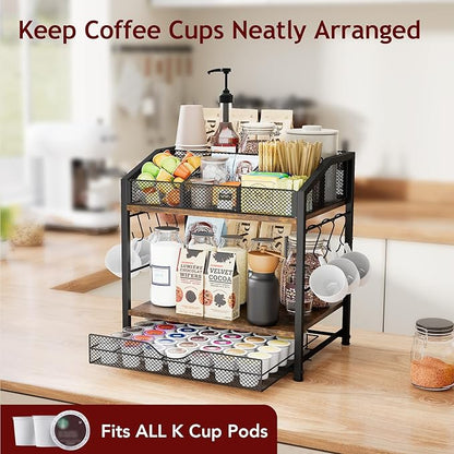 Homsorout Coffee Bar Organizer - Countertop Coffee Station, 42 K Cup holder Storage Basket with Drawer and Hooks for Syrup, Cups, Stirrer, Condiment, Tea Organizer, Black and Brown
